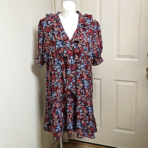 ASOS Wednesday's Girl Curve Mini Smock Dress Tie Collar Wallpaper Floral - Picture 5 of 7